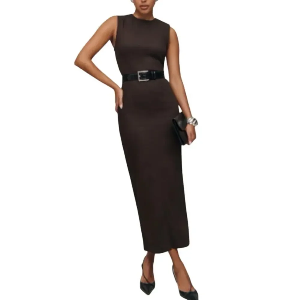 Reformation Kendi Denim Midi Column Dress Stretch Mole Brown Size 2 NWT - Picture 1 of 9